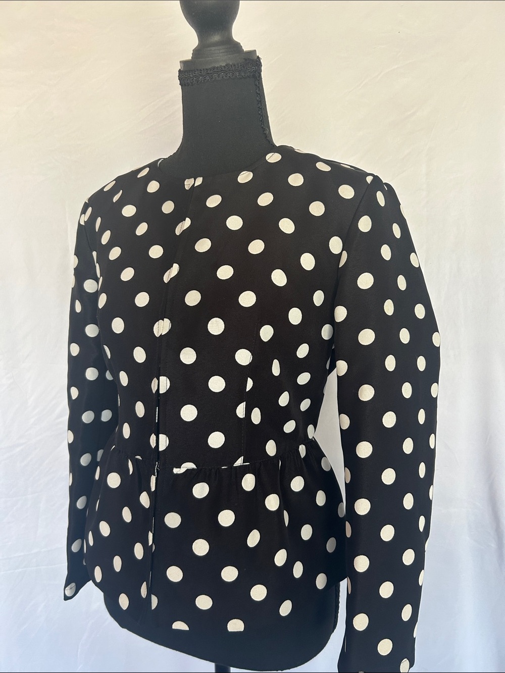 LOFT Black and White Polka Dot Long Sleeve Peplum Top